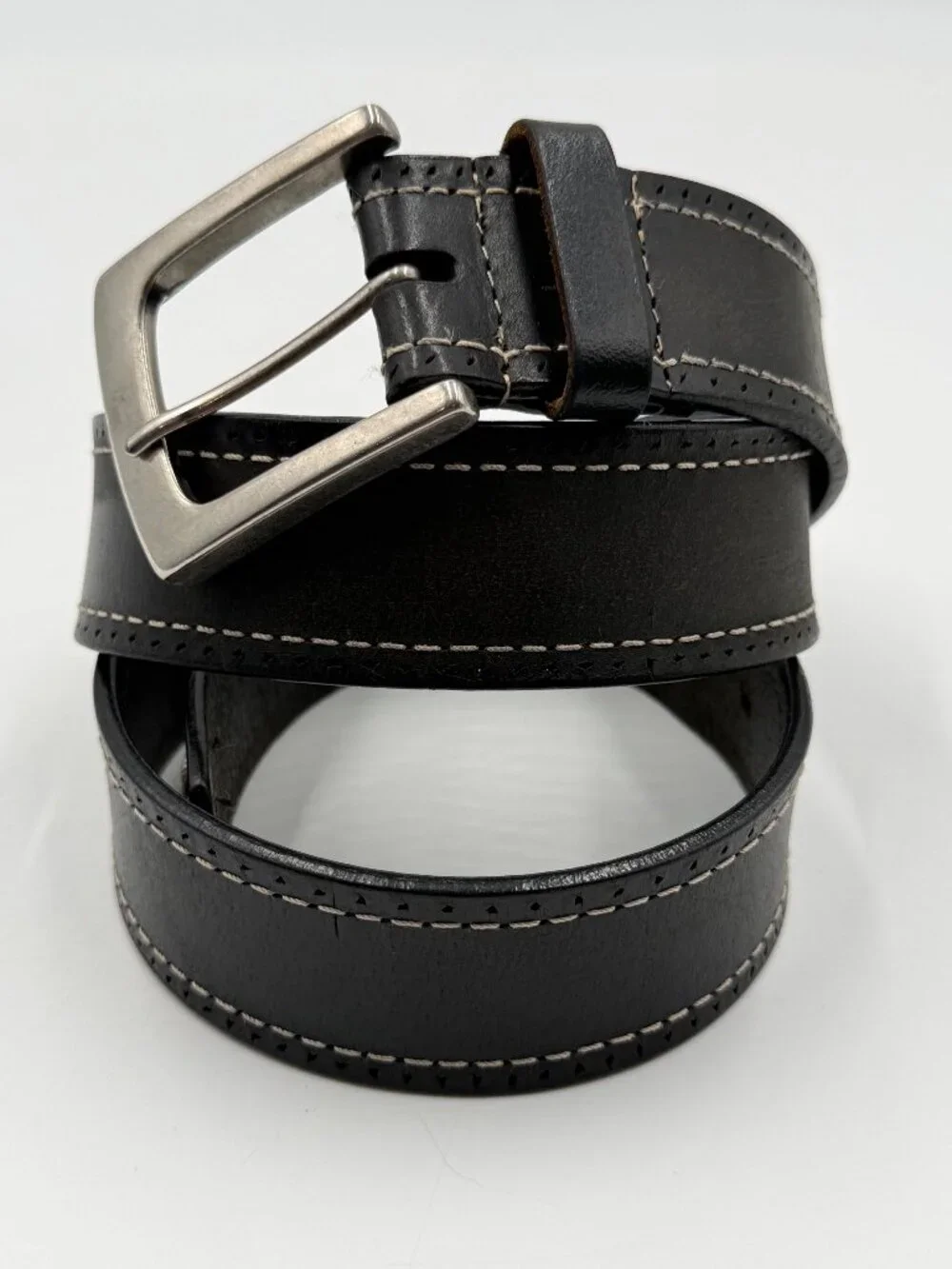 Black Genuine Leather Belt with White Stitching Size 34 Silver Buckle 1 3/8